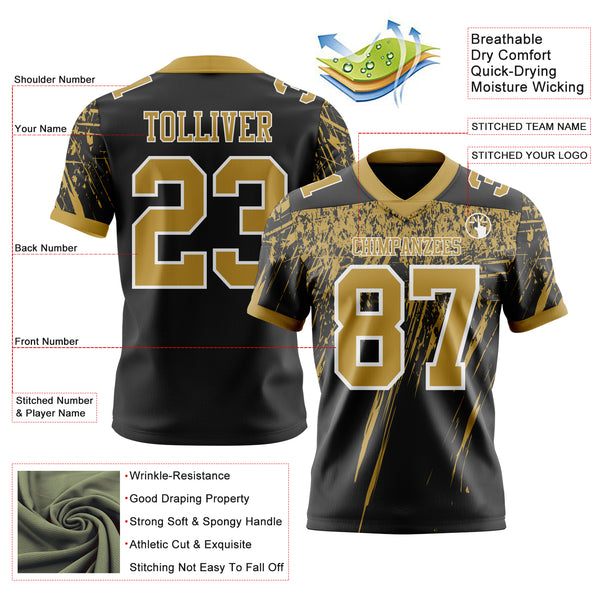 Custom Black Old Gold-White Authentic Distressed Scratch Brush Stroke Football Jersey