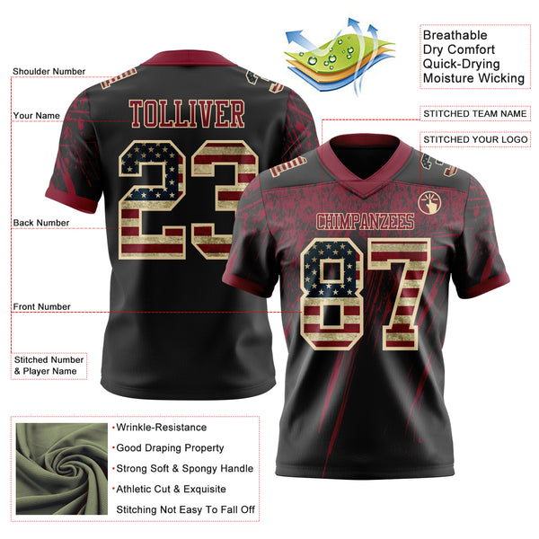 Custom Black Vintage USA Flag Crimson-Cream Authentic Distressed Scratch Brush Stroke Football Jersey