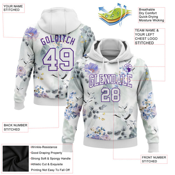Custom Stitched White Purple 3D Pattern Design Crane And Flower Sports Pullover Sweatshirt Hoodie
