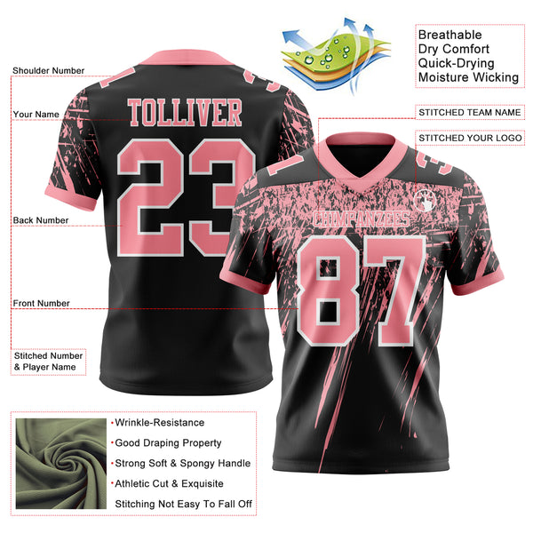 Custom Black Medium Pink-White Authentic Distressed Scratch Brush Stroke Football Jersey