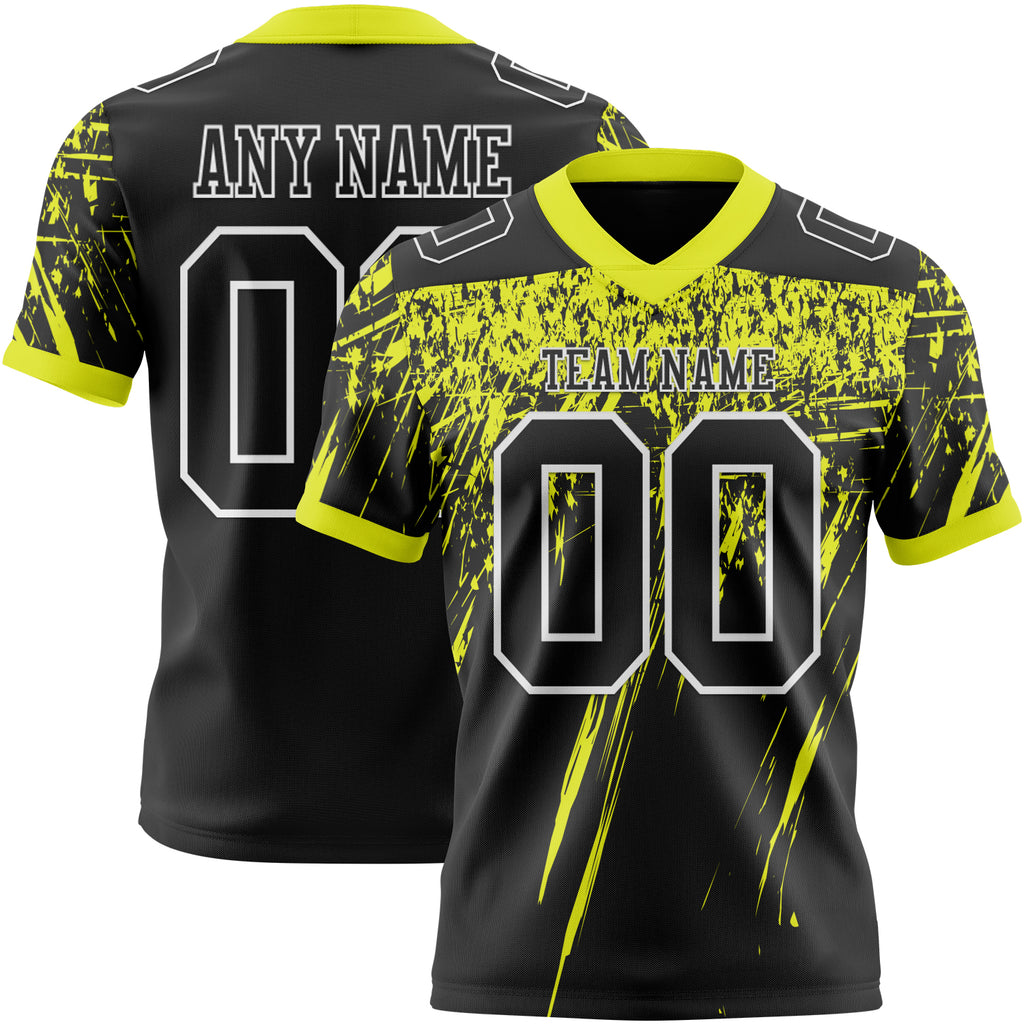 Custom Black Neon Yellow-White Authentic Distressed Scratch Brush Stroke Football Jersey