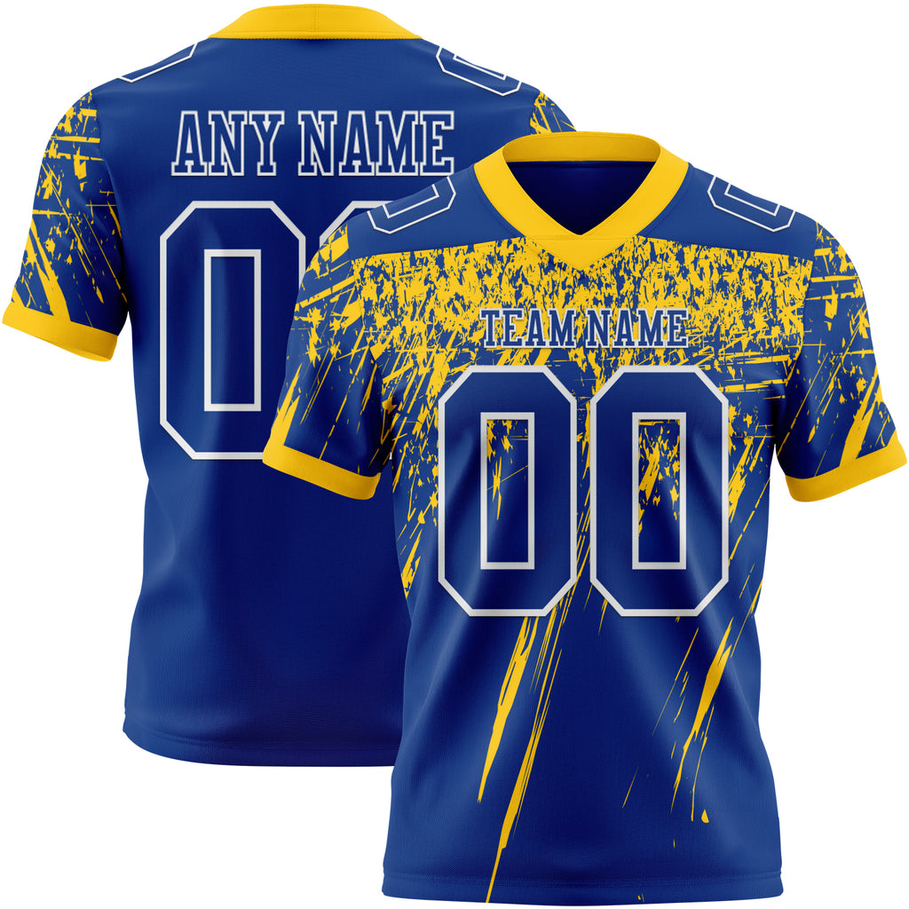 Custom Royal Yellow-White Authentic Distressed Scratch Brush Stroke Football Jersey