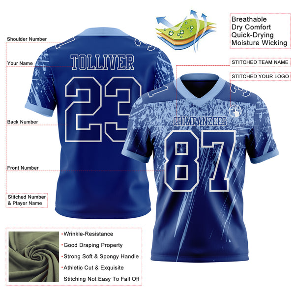 Custom Royal Light Blue-White Authentic Distressed Scratch Brush Stroke Football Jersey