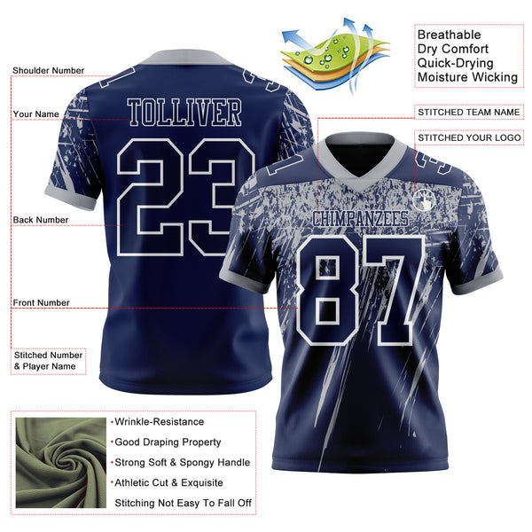 Custom Navy Gray-White Authentic Distressed Scratch Brush Stroke Football Jersey