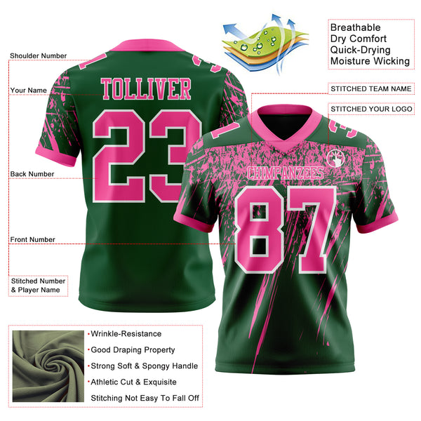 Custom Green Pink-White Authentic Distressed Scratch Brush Stroke Football Jersey