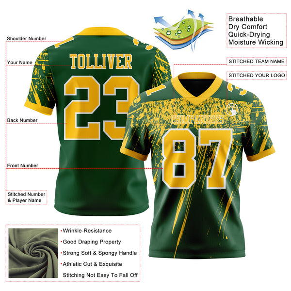 Custom Green Yellow-White Authentic Distressed Scratch Brush Stroke Football Jersey