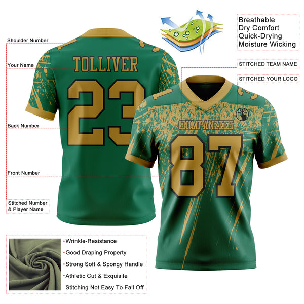 Custom Kelly Green Old Gold-Black Authentic Distressed Scratch Brush Stroke Football Jersey