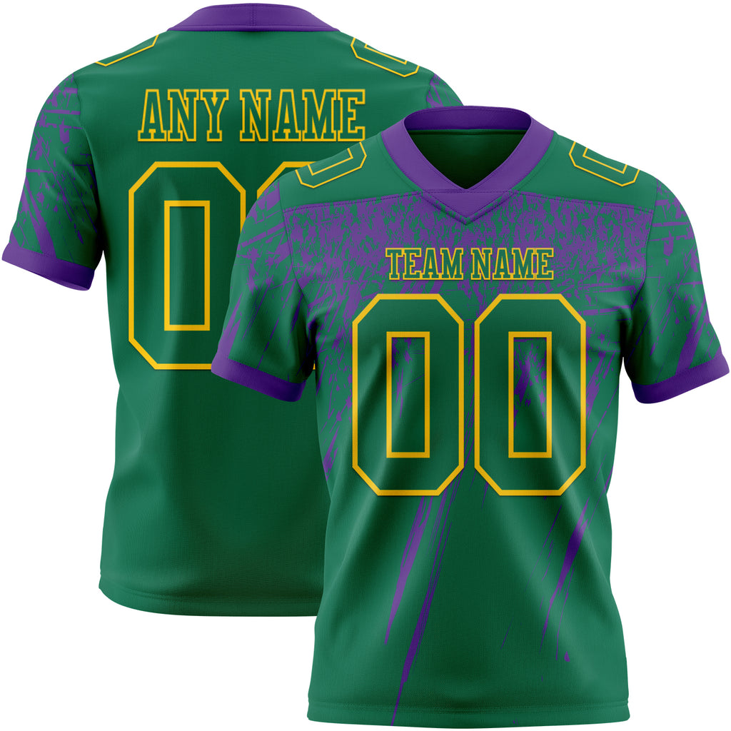 Custom Kelly Green Purple-Yellow Authentic Distressed Scratch Brush Stroke Football Jersey