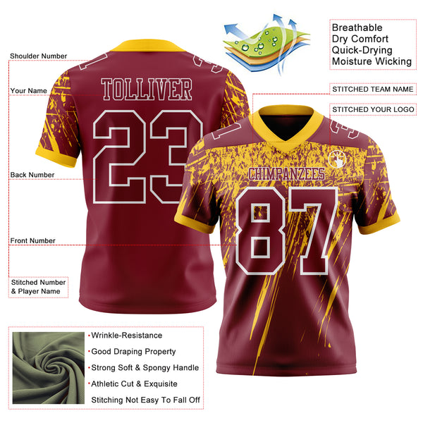 Custom Crimson Yellow-White Authentic Distressed Scratch Brush Stroke Football Jersey