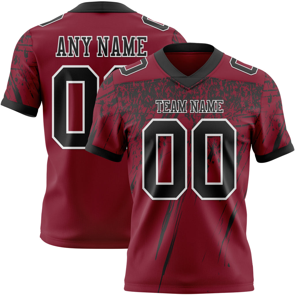 Custom Crimson Black-White Authentic Distressed Scratch Brush Stroke Football Jersey