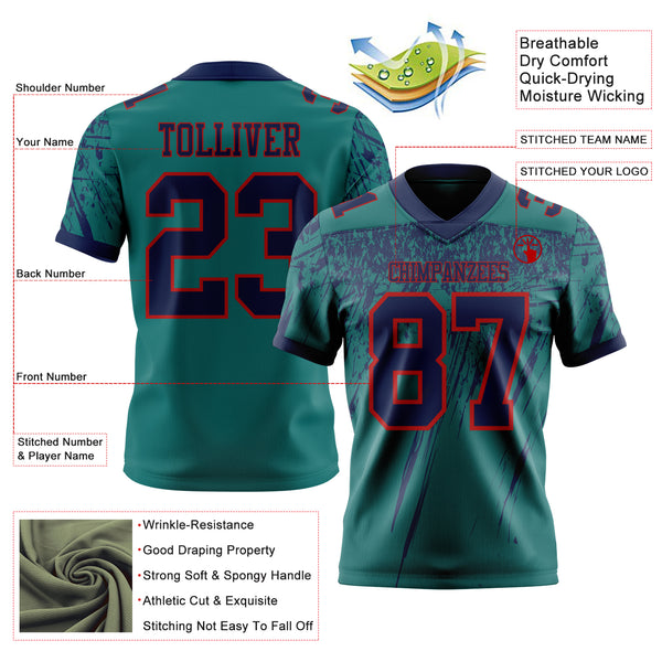 Custom Teal Navy-Red Authentic Distressed Scratch Brush Stroke Football Jersey