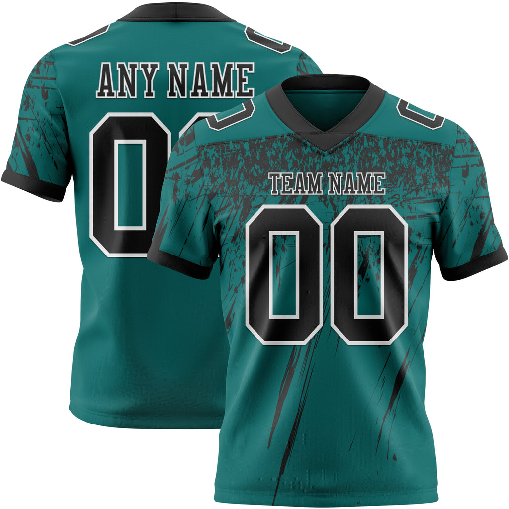Custom Teal Black-White Authentic Distressed Scratch Brush Stroke Football Jersey