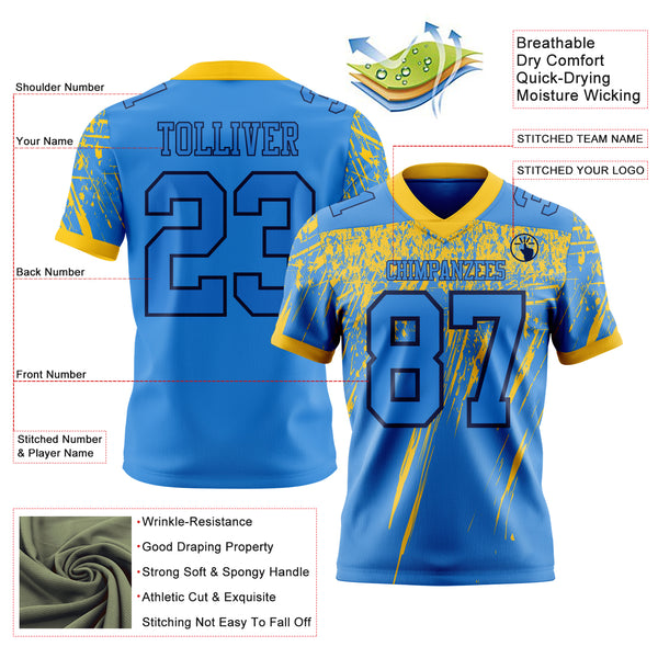 Custom Powder Blue Yellow-Navy Authentic Distressed Scratch Brush Stroke Football Jersey