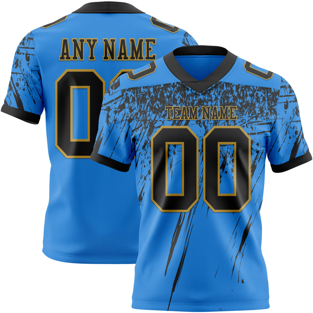 Custom Powder Blue Black-Old Gold Authentic Distressed Scratch Brush Stroke Football Jersey