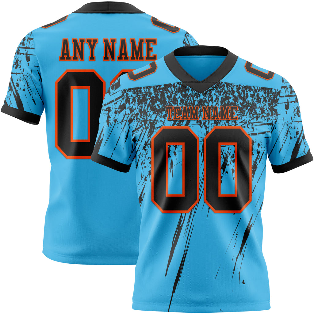 Custom Sky Blue Black-Orange Authentic Distressed Scratch Brush Stroke Football Jersey