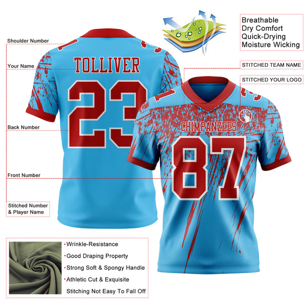 Custom Sky Blue Red-White Authentic Distressed Scratch Brush Stroke Football Jersey