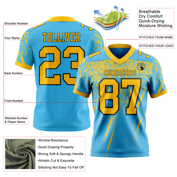 Custom Sky Blue Yellow-Black Authentic Distressed Scratch Brush Stroke Football Jersey