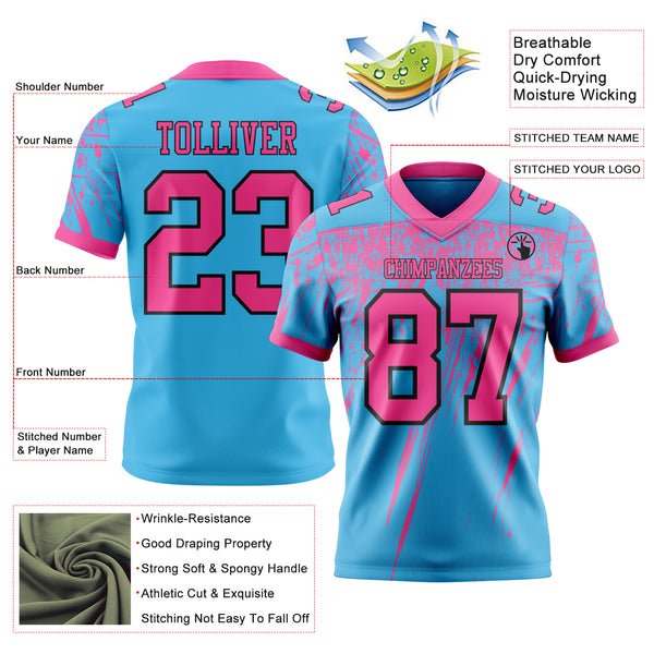 Custom Sky Blue Pink-Black Authentic Distressed Scratch Brush Stroke Football Jersey