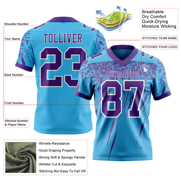 Custom Sky Blue Purple-White Authentic Distressed Scratch Brush Stroke Football Jersey