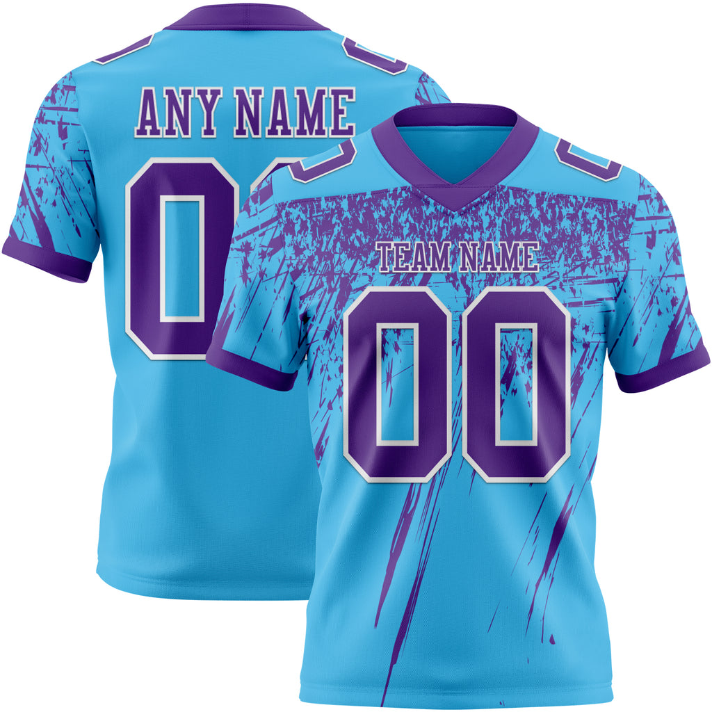 Custom Sky Blue Purple-White Authentic Distressed Scratch Brush Stroke Football Jersey