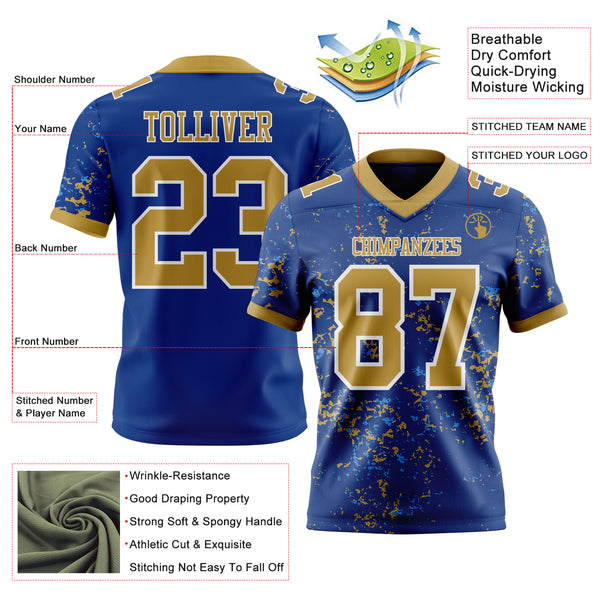 Custom Royal Old Gold Powder Blue-White Authentic Abstract Shattered Paint Splatter Football Jersey