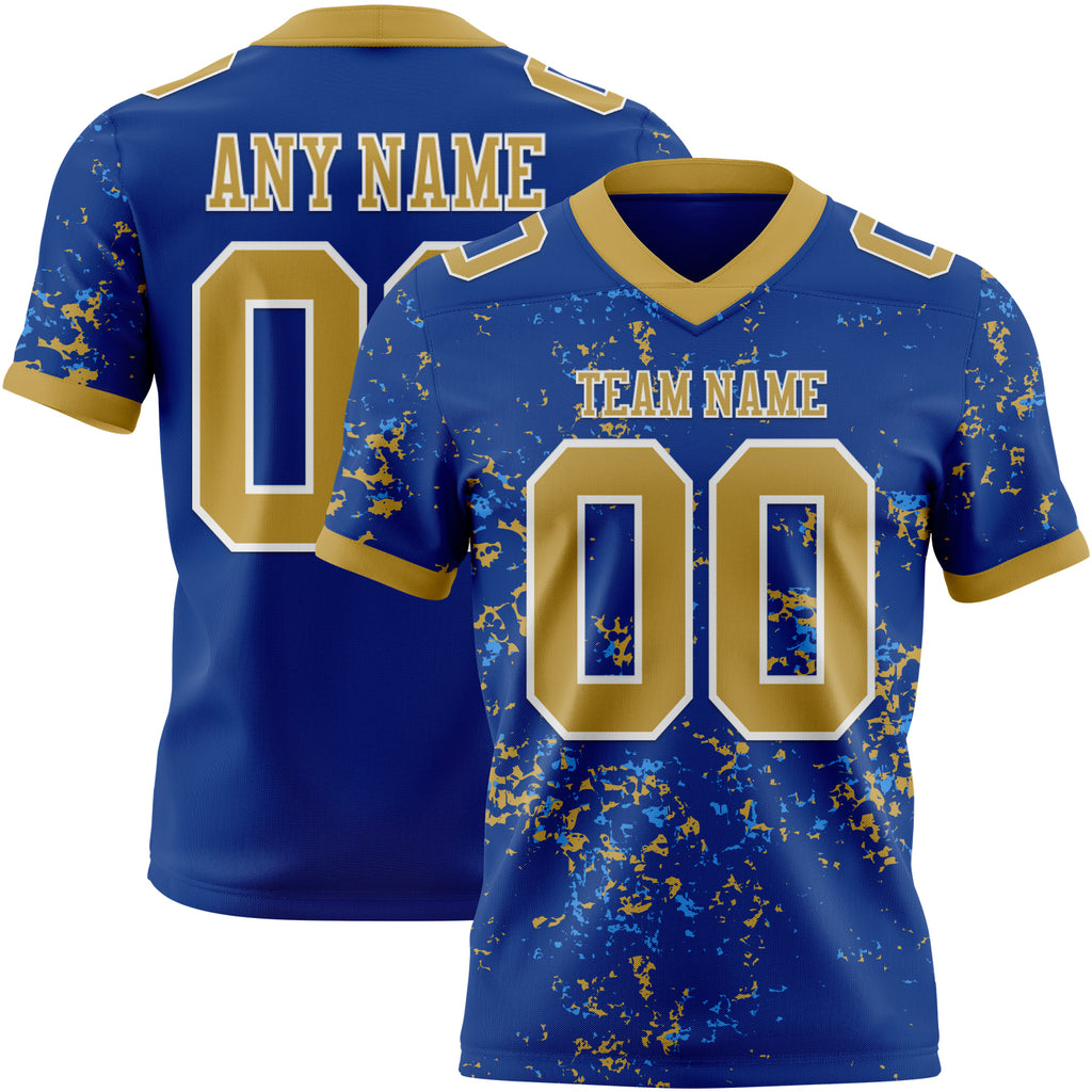 Custom Royal Old Gold Powder Blue-White Authentic Abstract Shattered Paint Splatter Football Jersey