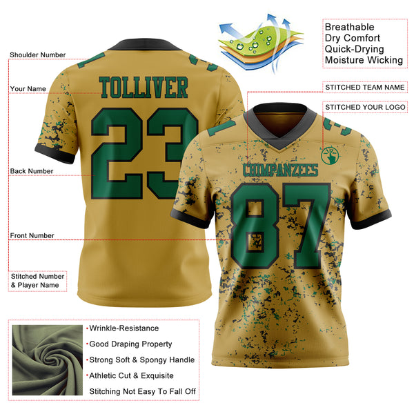 Custom Old Gold Kelly Green-Black Authentic Abstract Shattered Paint Splatter Football Jersey