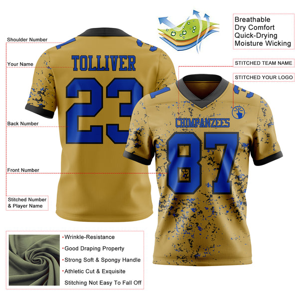 Custom Old Gold Thunder Blue-Black Authentic Abstract Shattered Paint Splatter Football Jersey