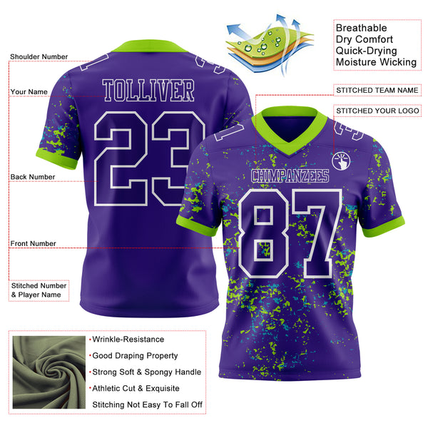 Custom Purple Neon Green Teal-White Authentic Abstract Shattered Paint Splatter Football Jersey