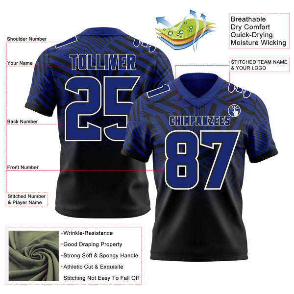 Custom Royal Black-White Authentic Abstract Geometric Lines Gradient Football Jersey