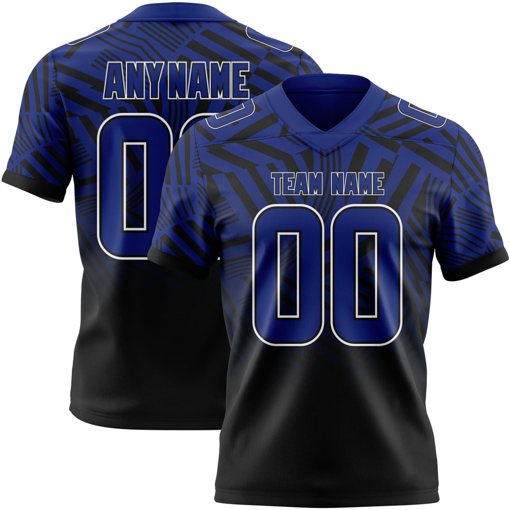 Custom Royal Black-White Authentic Abstract Geometric Lines Gradient Football Jersey