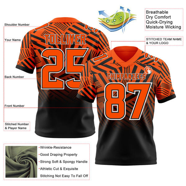 Custom Orange Black-White Authentic Abstract Geometric Lines Gradient Football Jersey