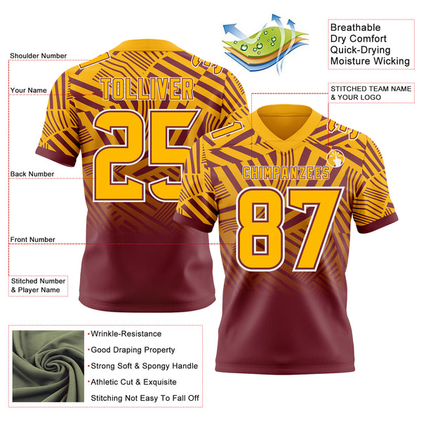 Custom Gold Burgundy-White Authentic Abstract Geometric Lines Gradient Football Jersey