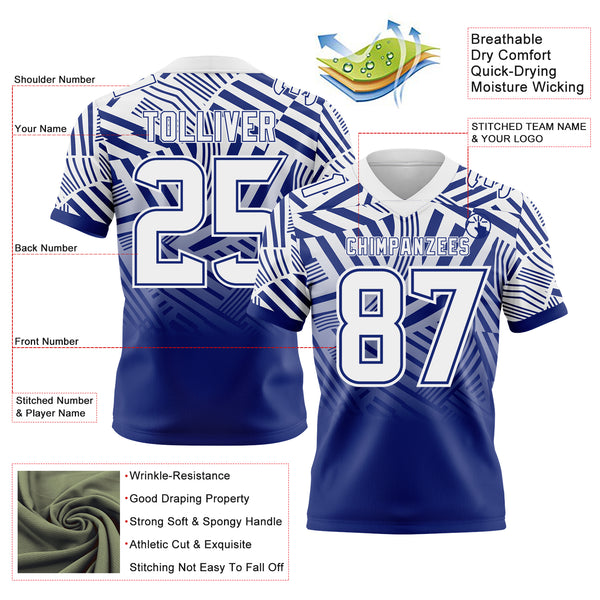 Custom White-Royal Authentic Abstract Geometric Lines Gradient Football Jersey