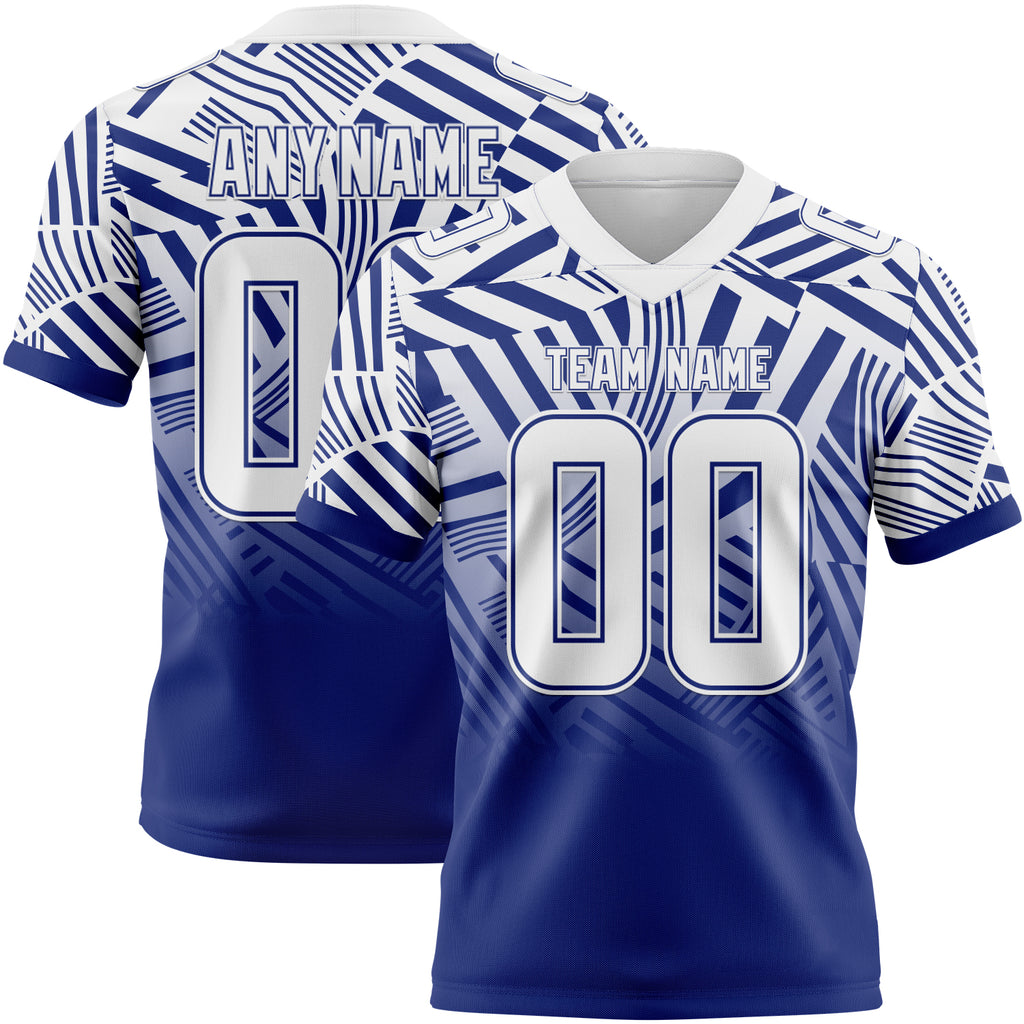 Custom White-Royal Authentic Abstract Geometric Lines Gradient Football Jersey