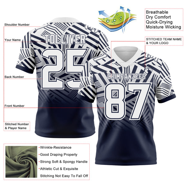 Custom White-Navy Authentic Abstract Geometric Lines Gradient Football Jersey