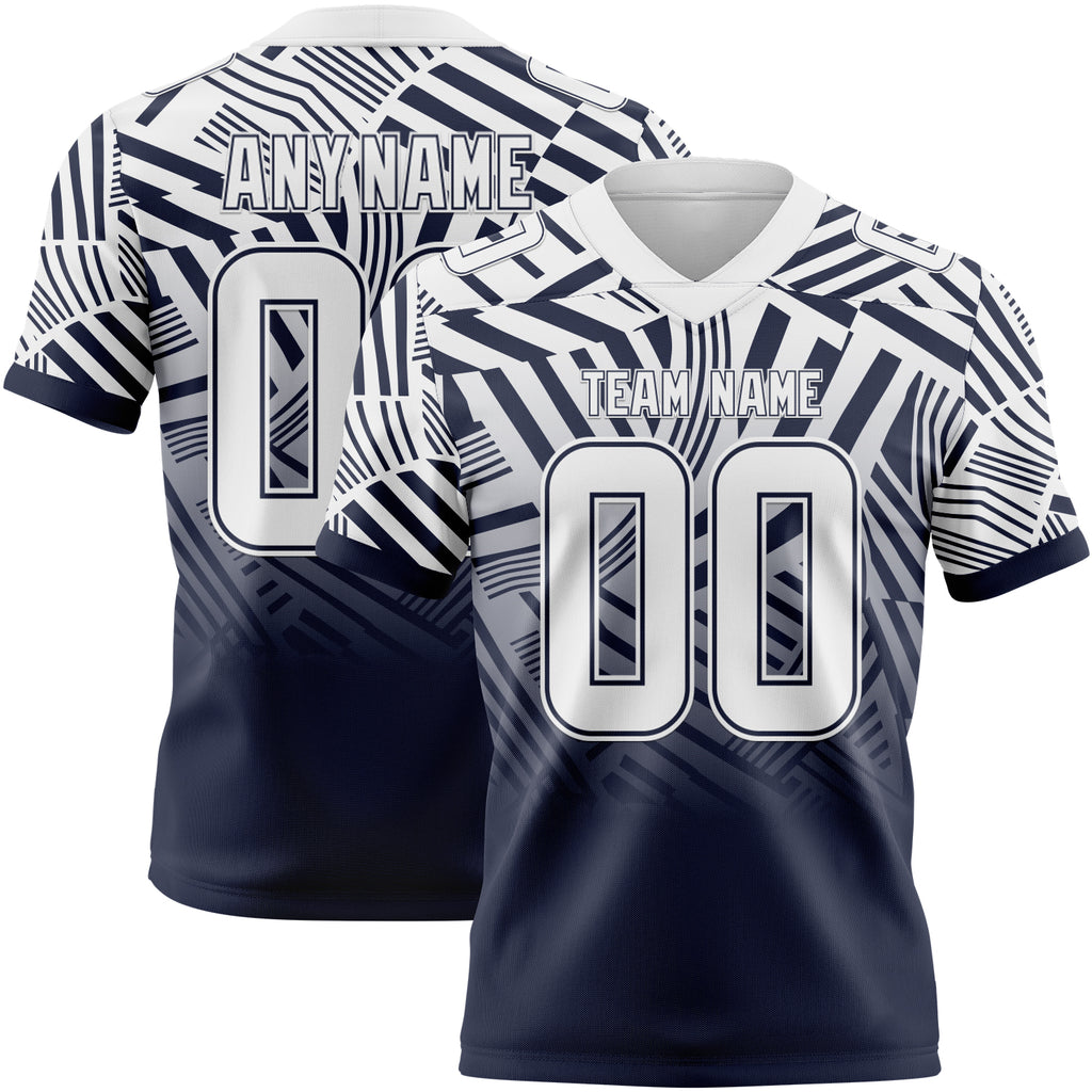 Custom White-Navy Authentic Abstract Geometric Lines Gradient Football Jersey