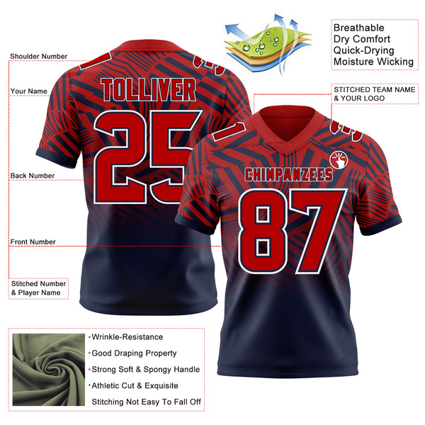Custom Red Navy-White Authentic Abstract Geometric Lines Gradient Football Jersey