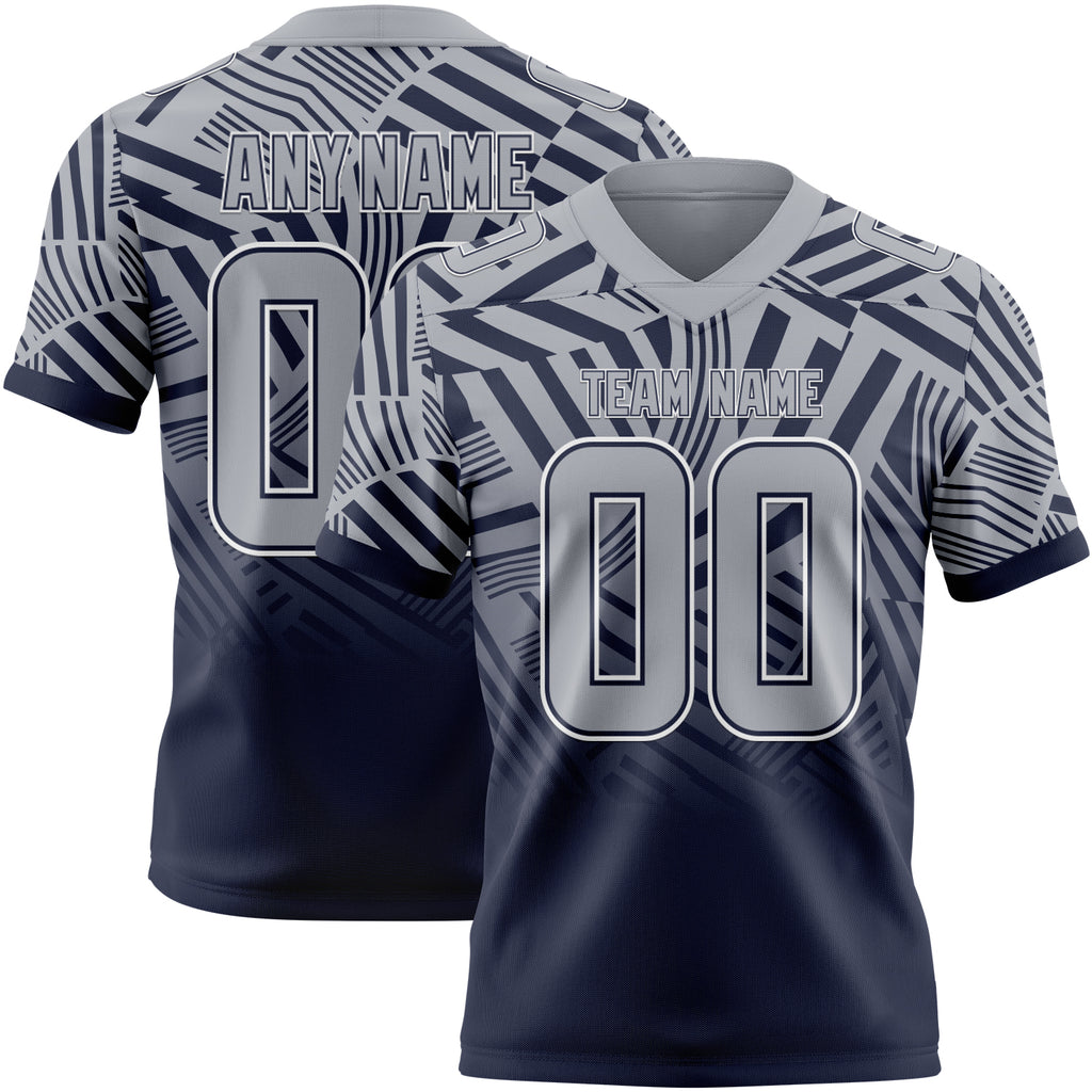 Custom Gray Navy-White Authentic Abstract Geometric Lines Gradient Football Jersey