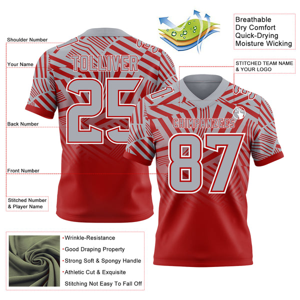 Custom Gray Red-White Authentic Abstract Geometric Lines Gradient Football Jersey