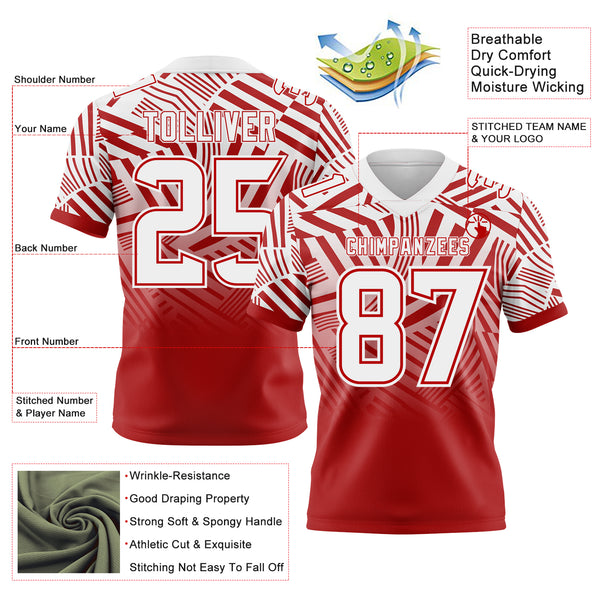 Custom White-Red Authentic Abstract Geometric Lines Gradient Football Jersey