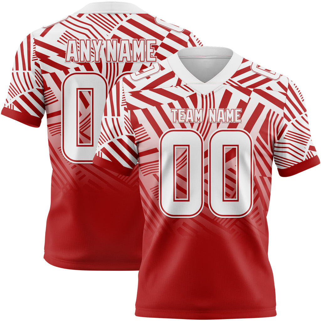 Custom White-Red Authentic Abstract Geometric Lines Gradient Football Jersey