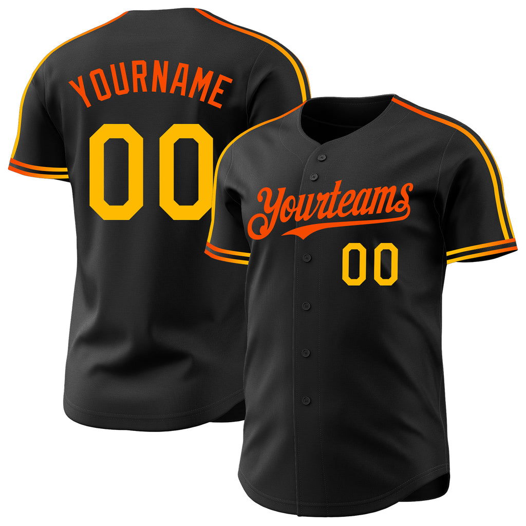 Custom Black Gold-Orange Raglan Line Gradient Stripe Authentic Baseball Jersey