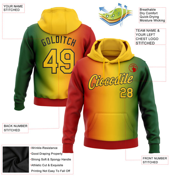 Custom Stitched Green Yellow Red-Black 3D Pattern Design Gradient Fashion Black History Month Sports Pullover Sweatshirt Hoodie