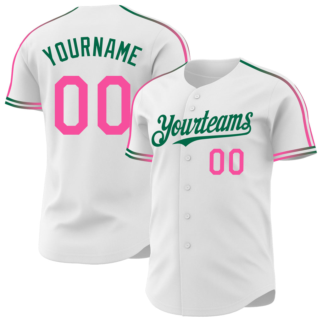 Custom White Pink-Kelly Green Raglan Line Gradient Stripe Authentic Baseball Jersey