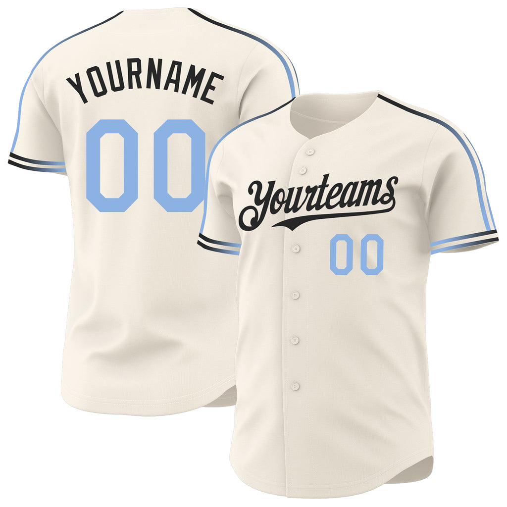 Custom Cream Light Blue-Black Raglan Line Gradient Stripe Authentic Baseball Jersey