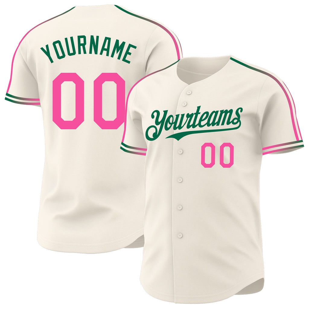 Custom Cream Pink-Kelly Green Raglan Line Gradient Stripe Authentic Baseball Jersey