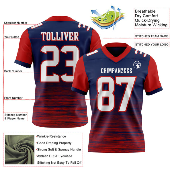 Custom Navy White-Red Authentic Fluid Scratch Waves Football Jersey