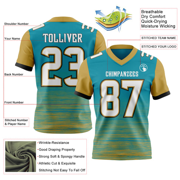 Custom Teal White Old Gold-Black Authentic Fluid Scratch Waves Football Jersey