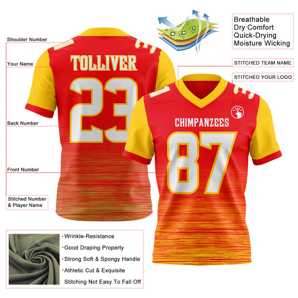 Custom Fire Red White-Yellow Authentic Fluid Scratch Waves Football Jersey
